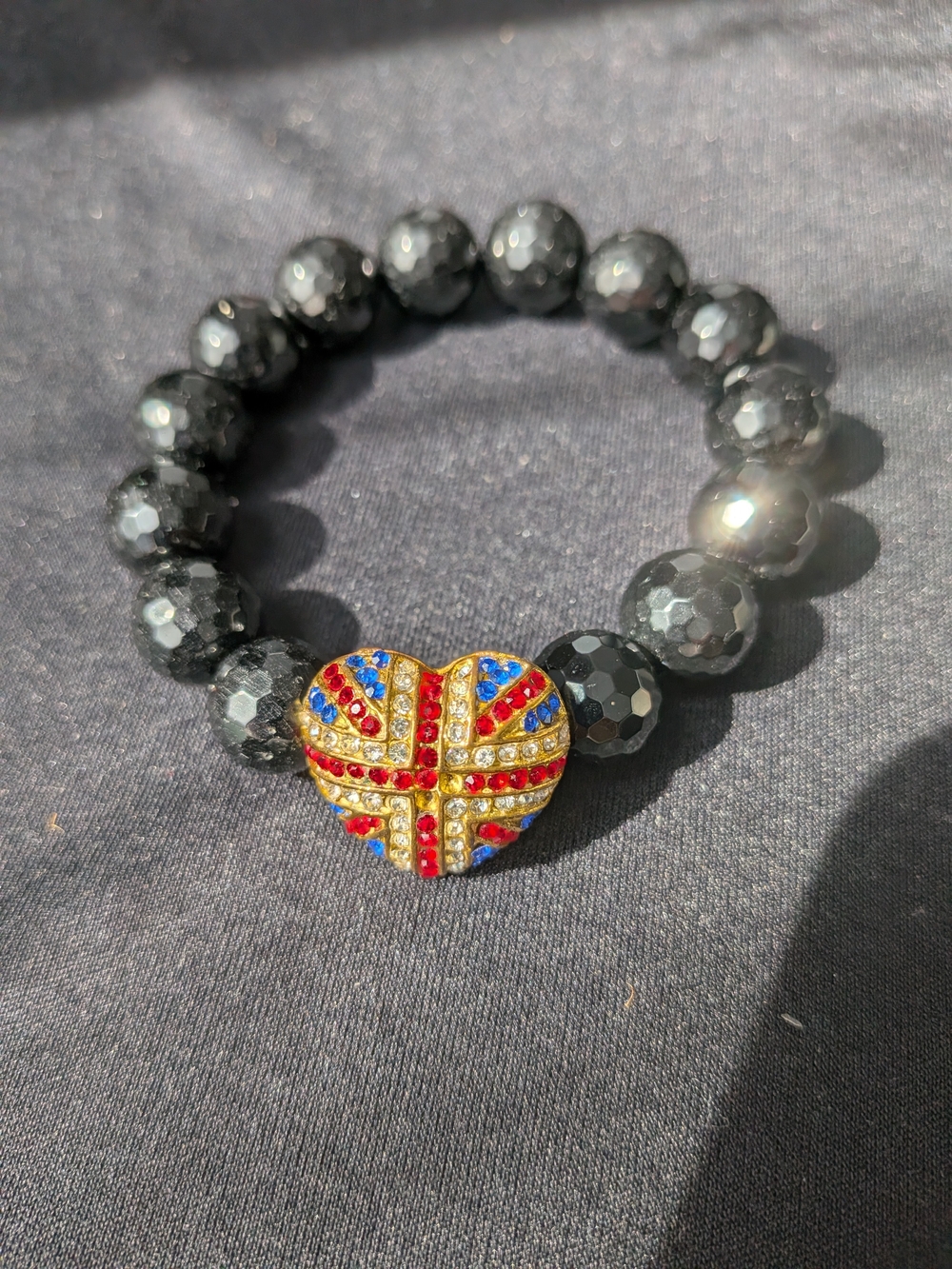 Faceted Black Beaded Stretch Bracelet with Gold Heart Accent
